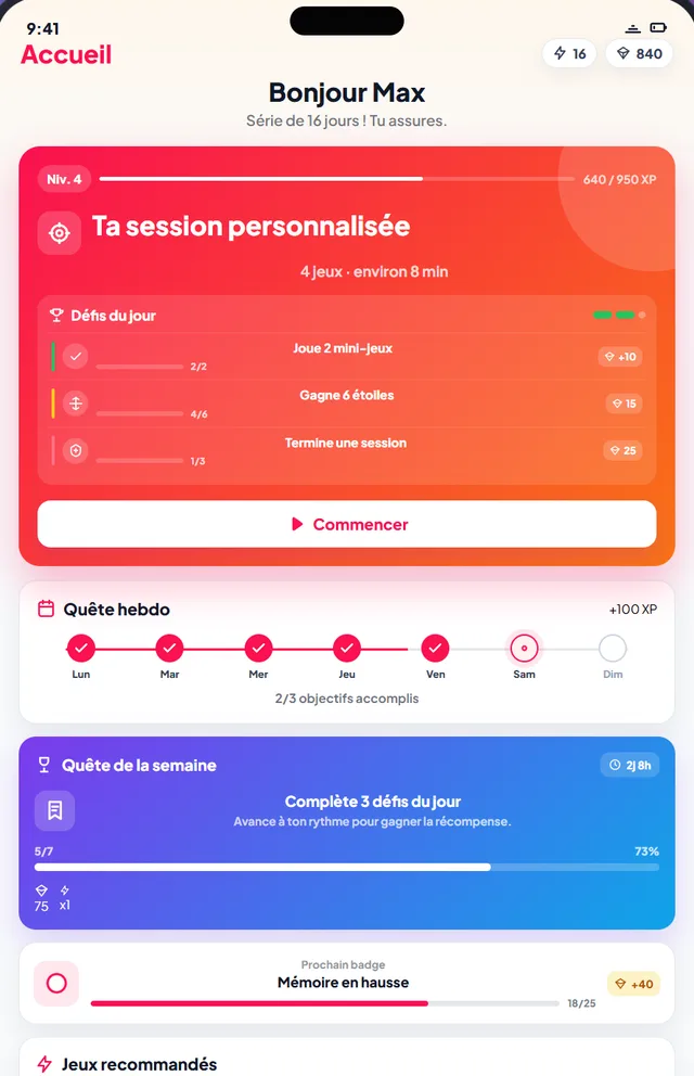 Pantalla de inicio: sesión personalizada y retos del día